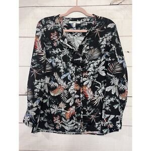 Derek Lam 10 Crosby Black Tropical Floral Print Button Front Blouse Top Womens 2